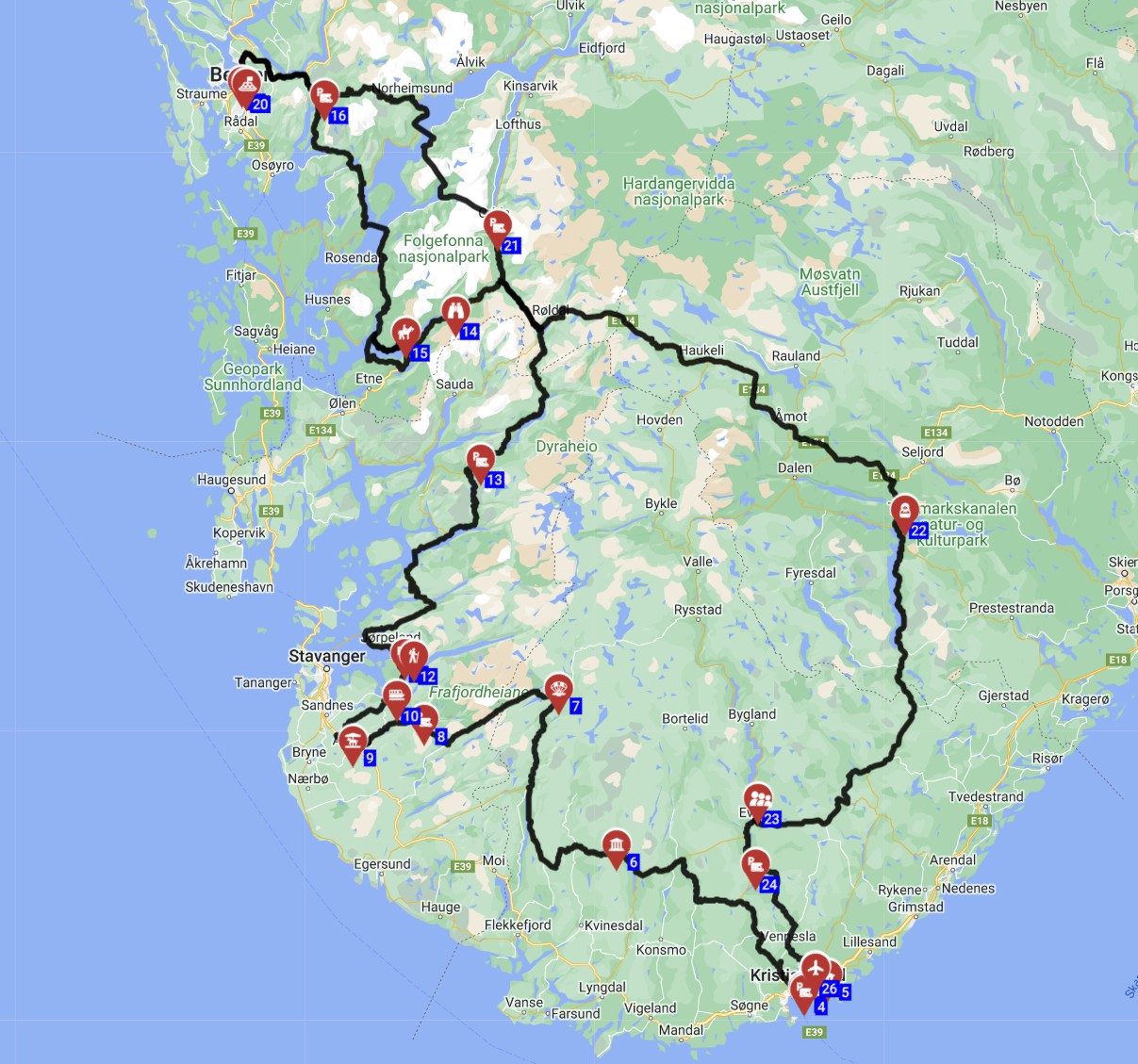 Map for Kristiansand Round trip - Norways Wonders on Wheels Fjords and More